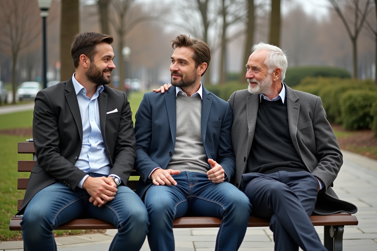 Trois hommes en conversation dans un parc urbain