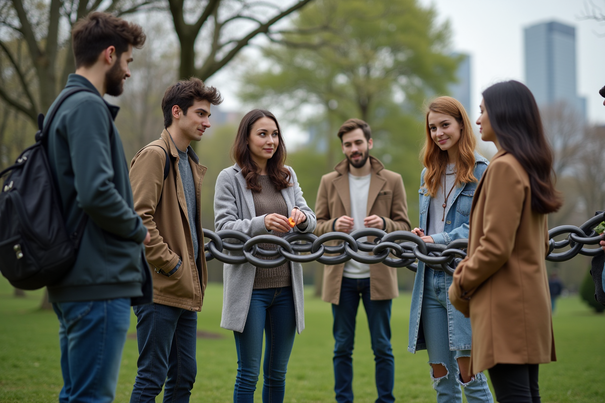 Jeunes adultes jouent avec des jetons sur une installation urbaine