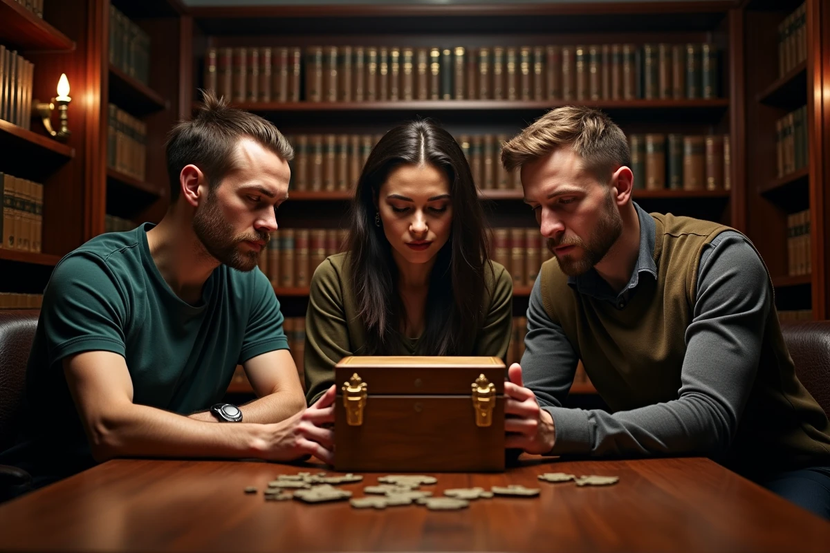 Groupe de joueurs adultes collaborant pour résoudre une énigme dans une salle d'escape game décorée en bibliothèque victorienne