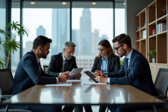 Groupe de professionnels en réunion dans un bureau moderne