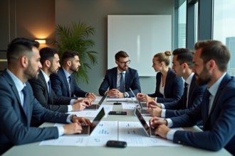 Groupe de professionnels en réunion dans une salle moderne