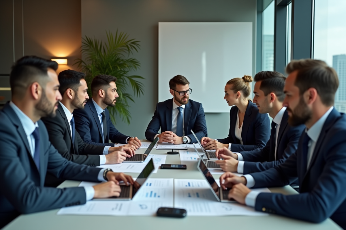 Groupe de professionnels en réunion dans une salle moderne