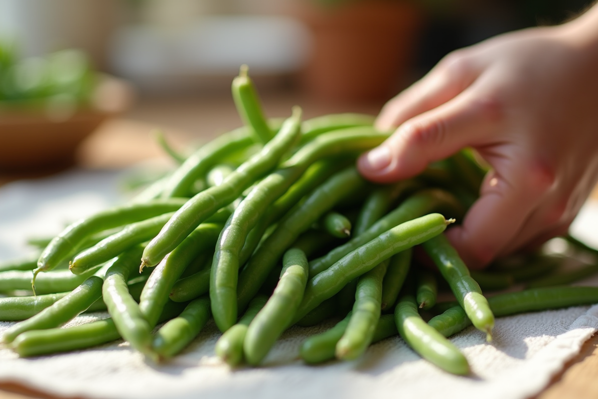 Haricots verts séchés sur un torchon avant congélation