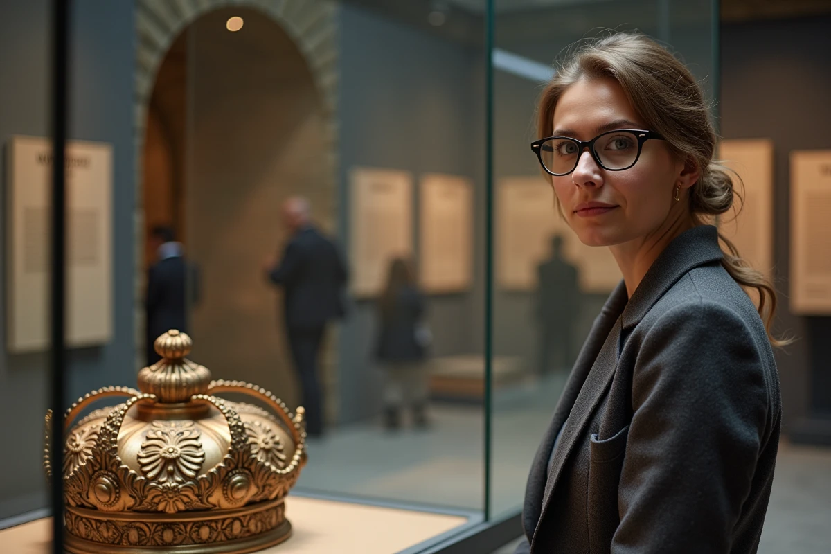 Jeune historienne devant une couronne médiévale en musée