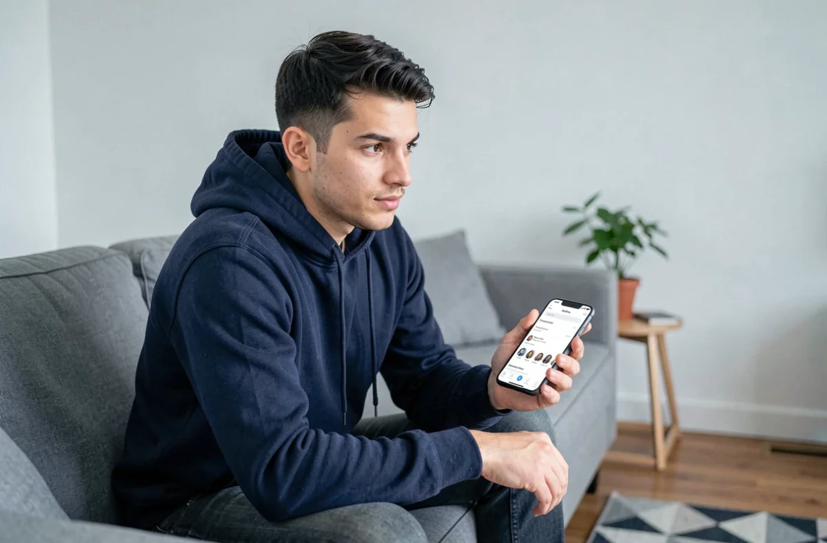 Jeune homme effectuant une recherche d'historique dans les pages blanches inversées sur son smartphone dans un appartement moderne