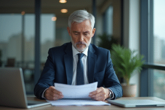 Homme d'affaires en costume bleu examinant des documents financiers
