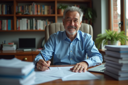 Homme d'âge moyen dans un bureau immobilier avec contrats et ordinateur