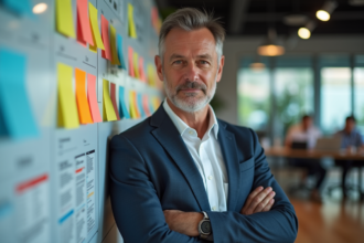 Homme d'affaires confiant devant un mur de notes colorées