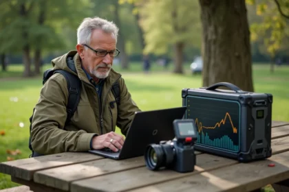Homme d'âge moyen analysant des graphiques d'autonomie en plein air