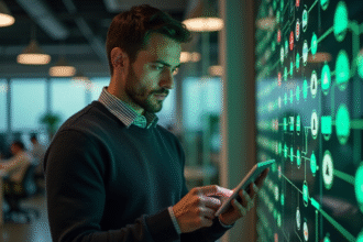 Homme d'affaires examine une tablette avec icône blockchain rouge