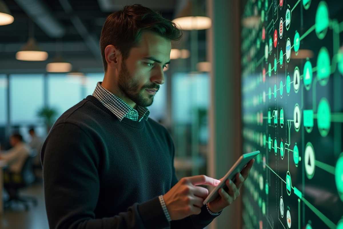 Homme d'affaires examine une tablette avec icône blockchain rouge