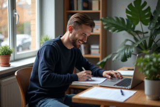 Homme en bureau à la maison en train de prendre des notes