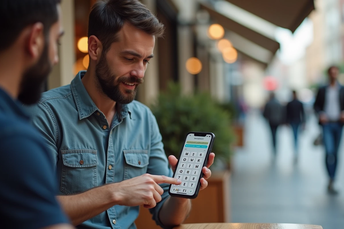 Homme discutant avec un ami en tenant un smartphone puzzle