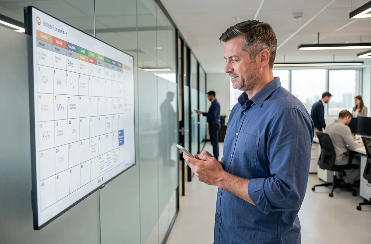 Homme consultant un calendrier numérique en bureau moderne pour calculer des jours entre deux dates