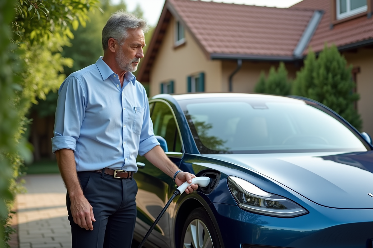 Homme branchant sa voiture électrique dans une allée résidentielle