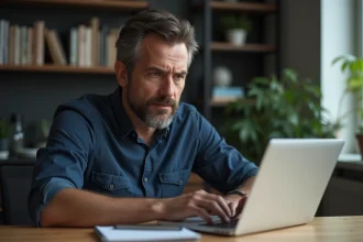Homme consultant des avis en ligne sur la plateforme Dubraz depuis son bureau à domicile