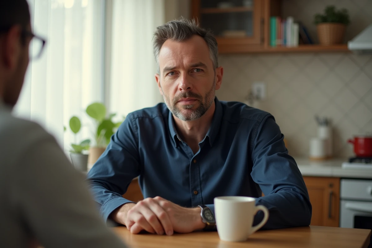 Homme distrait et inattentif lors d'une conversation à la maison, illustrant le fait d'entendre sans vraiment écouter