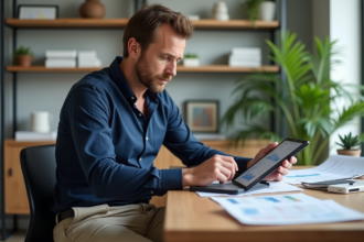 Homme d'âge moyen analysant des graphiques financiers sur une tablette