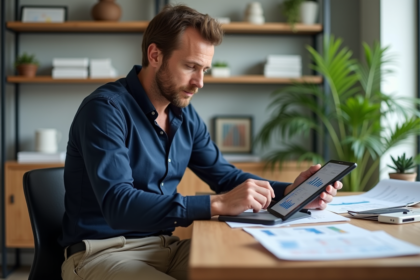 Homme d'âge moyen analysant des graphiques financiers sur une tablette