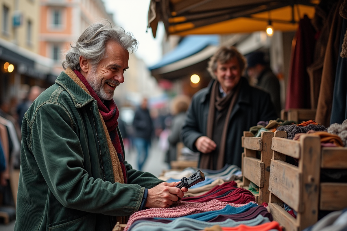 Homme souriant échangeant avec un vendeur au marché en plein air