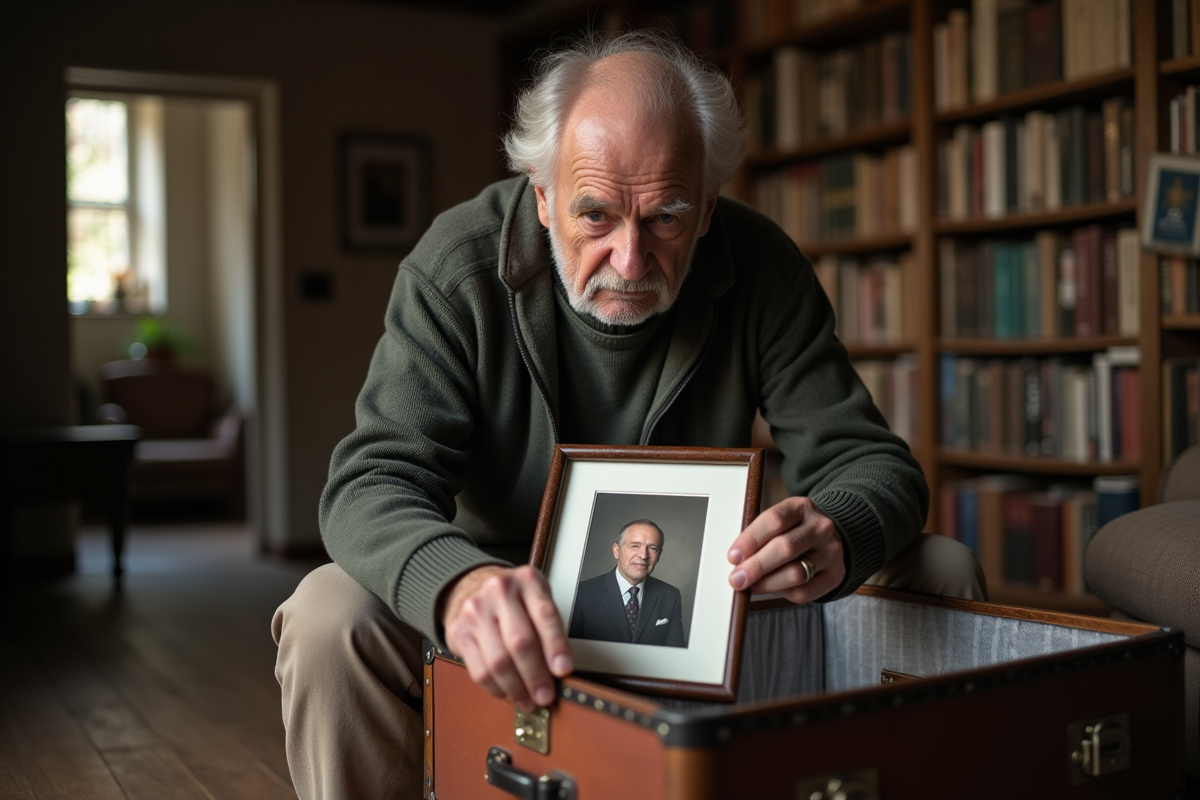 Homme âgé plaçant photo dans valise en intérieur