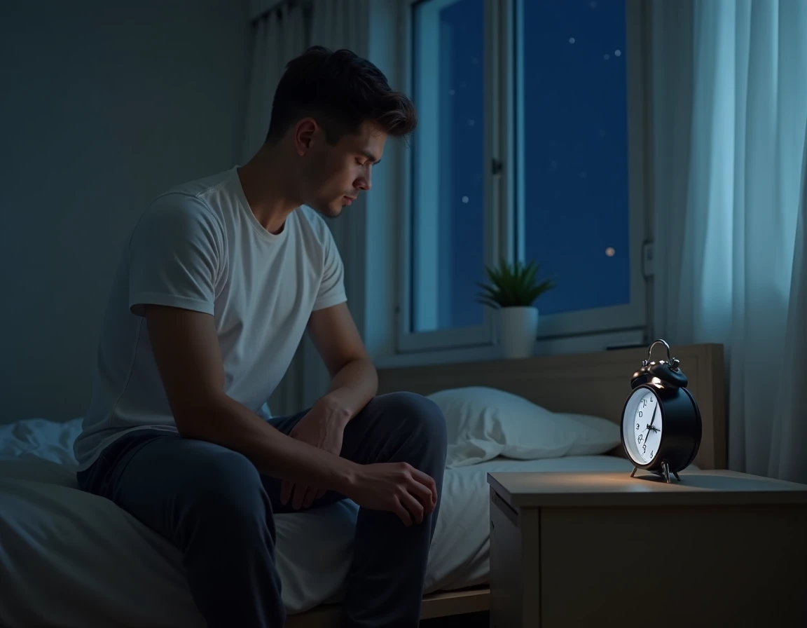 Homme assis au bord du lit observant une horloge analogique indiquant 22h55, scène nocturne introspective liée au signe flamme jumelle