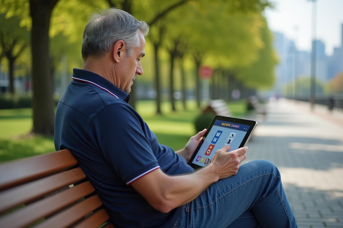Homme résolvant un jeu de mots 4 images 1 mot sur une tablette dans un parc urbain ensoleillé