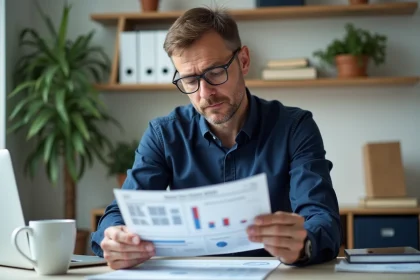 Homme d'âge moyen lisant un rapport INSEE dans un bureau