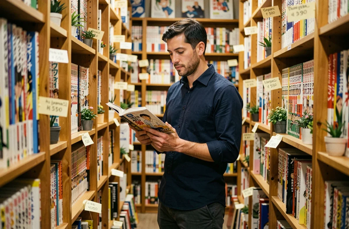 Homme feuilletant un manga dans une librairie spécialisée remplie de volumes japonais, ambiance lecture et découverte