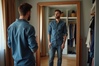 Homme en tenue décontractée se regardant dans le miroir