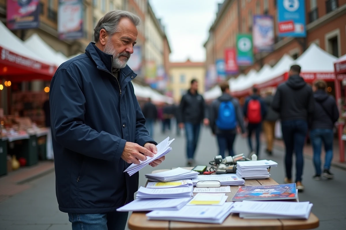 Homme organisant flyers dans rue animée