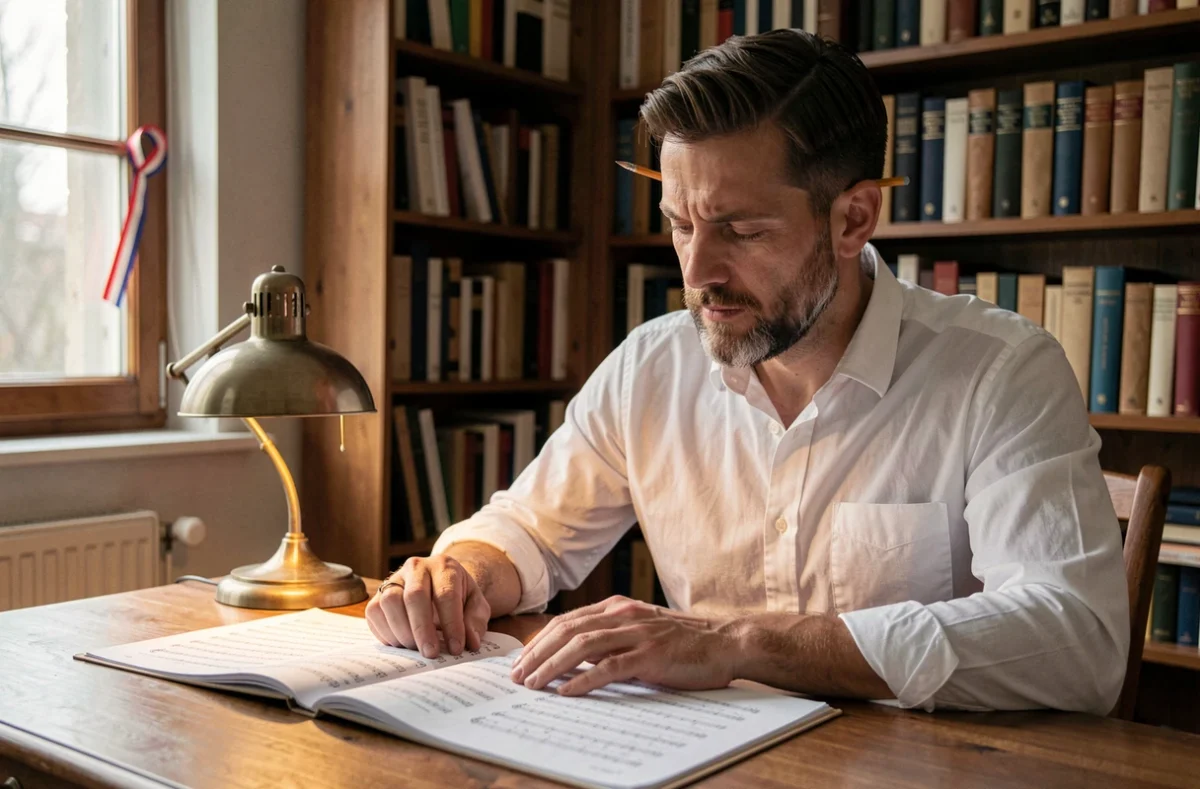 Homme étudiant la partition complète de La Marseillaise sur papier dans un bureau bibliothèque à domicile