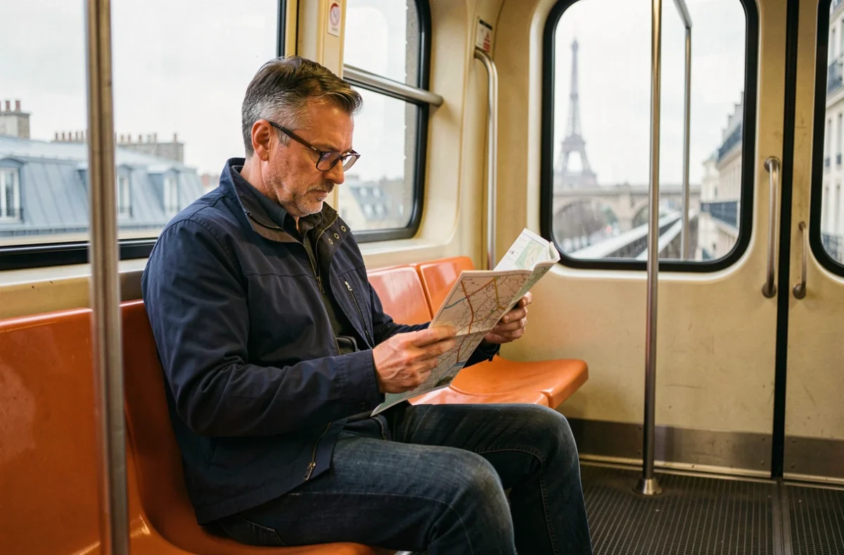 Homme lisant un plan papier du métro ligne 6 dans une rame aérienne traversant Paris