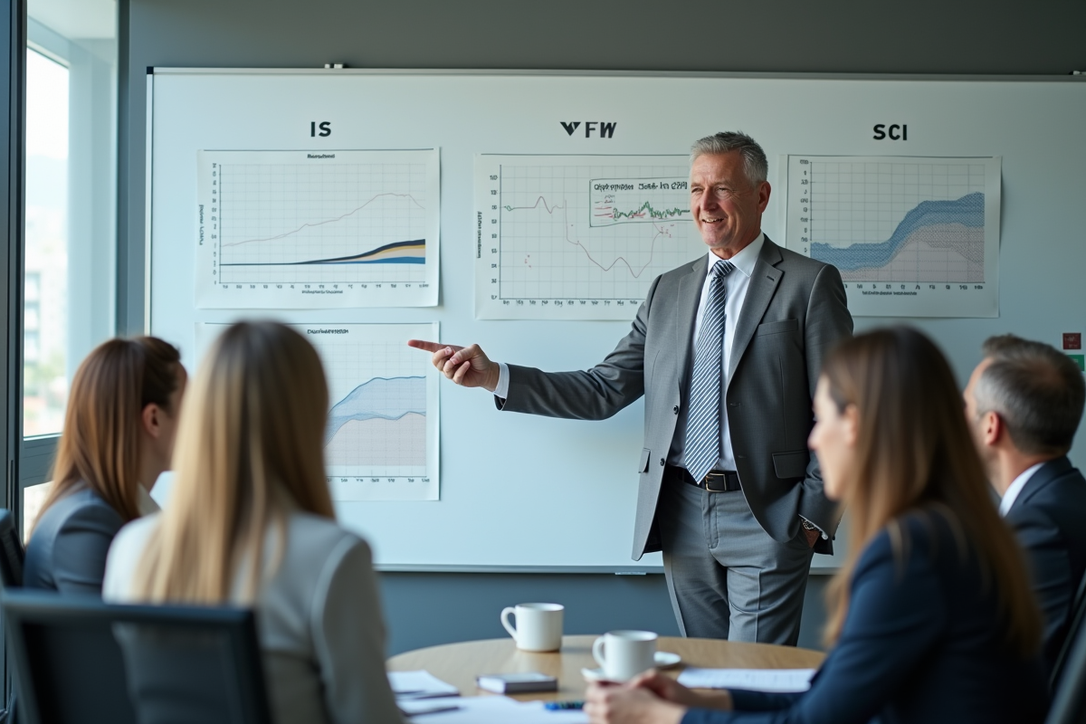 Homme en costume pointe un diagramme lors d