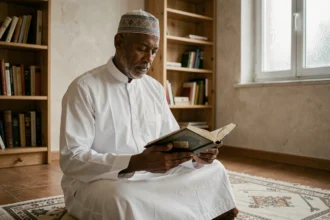 Homme en djellaba blanche lisant le Coran sur un tapis de prière pendant le Ramadan à Roubaix