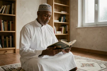 Homme en djellaba blanche lisant le Coran sur un tapis de prière pendant le Ramadan à Roubaix