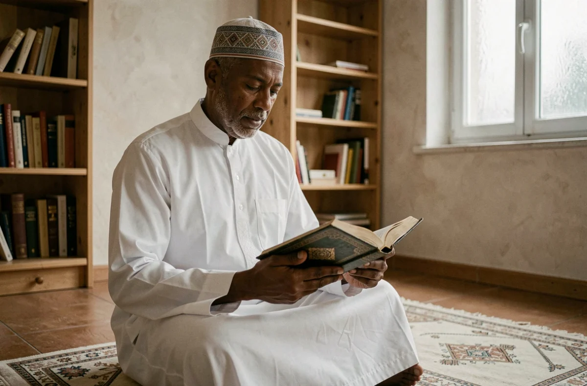 Homme en djellaba blanche lisant le Coran sur un tapis de prière pendant le Ramadan à Roubaix