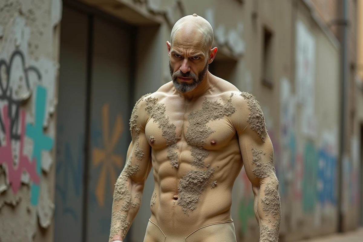 Cosplayer déguisé en Homme Sable de Spider-Man posant devant un mur urbain dégradé, expression ambivalente entre menace et tristesse