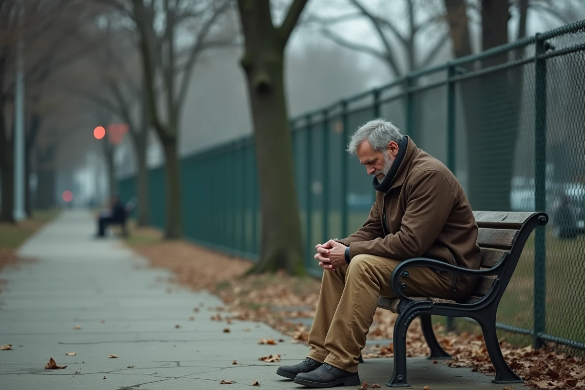 Homme seul assis sur un banc de parc usé, expression mélancolique et introspective évoquant le personnage de l'Homme Sable entre culpabilité et rédemption
