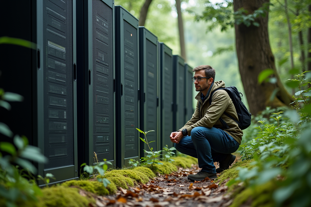 Homme près de serveurs dans la forêt avec végétation