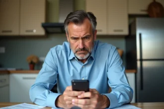 Homme d'âge moyen dans une cuisine moderne examine son smartphone