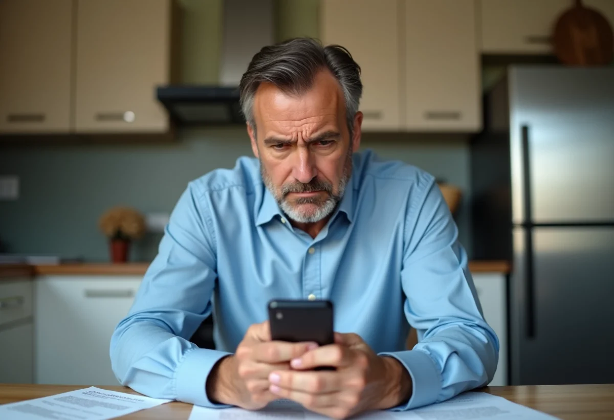 Homme d'âge moyen dans une cuisine moderne examine son smartphone