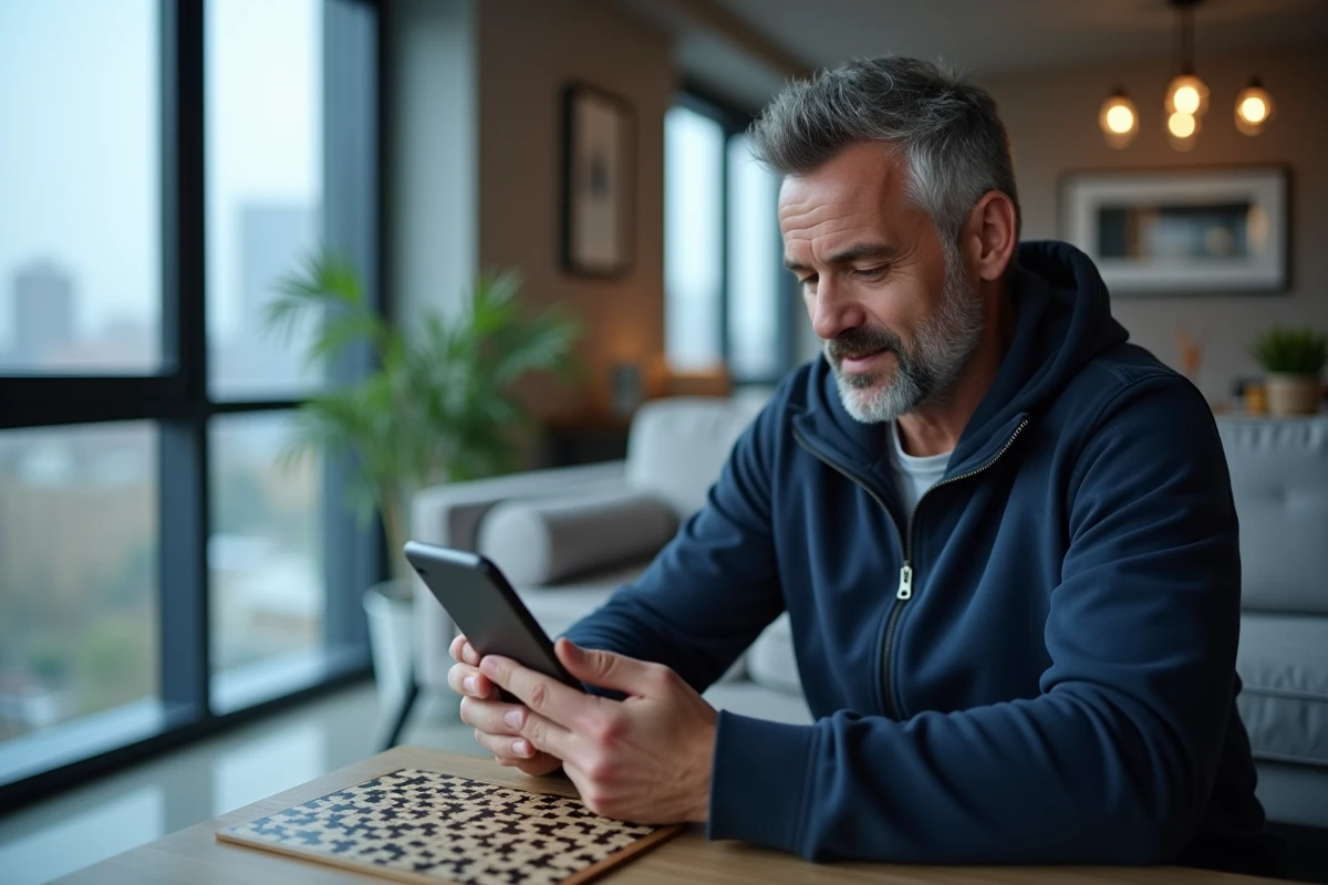 Homme consultant une solution chapitre par chapitre sur son smartphone pour progresser dans un jeu d'évasion mobile