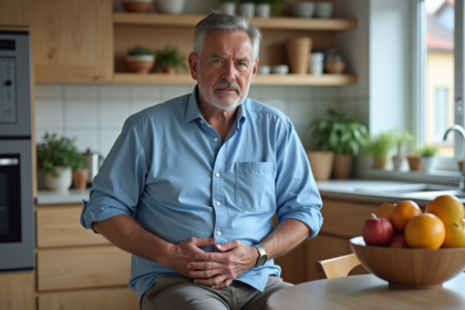 Homme d'âge moyen touchant son abdomen en cuisine moderne