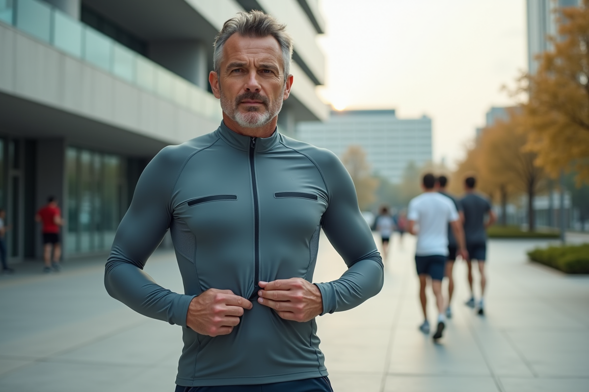 Homme en vêtements techniques dans une place urbaine active