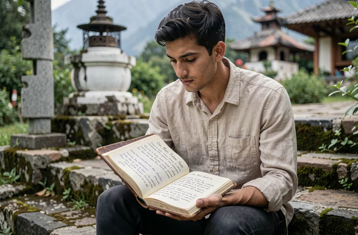Jeune homme étudiant la traduction française du mantra Om Mani Padme Hum dans un journal en plein air près d'un stupa bouddhiste
