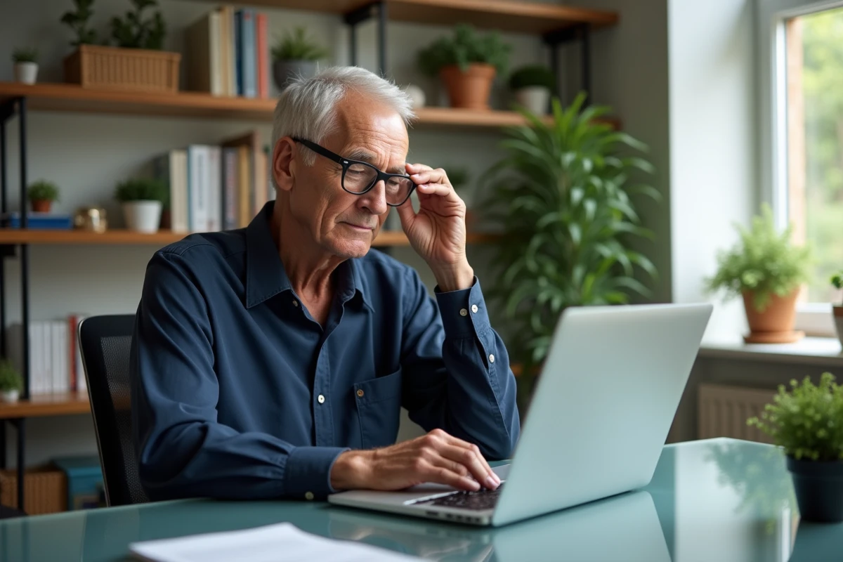 Homme d age ajustant ses lunettes devant son ordinateur dans un bureau