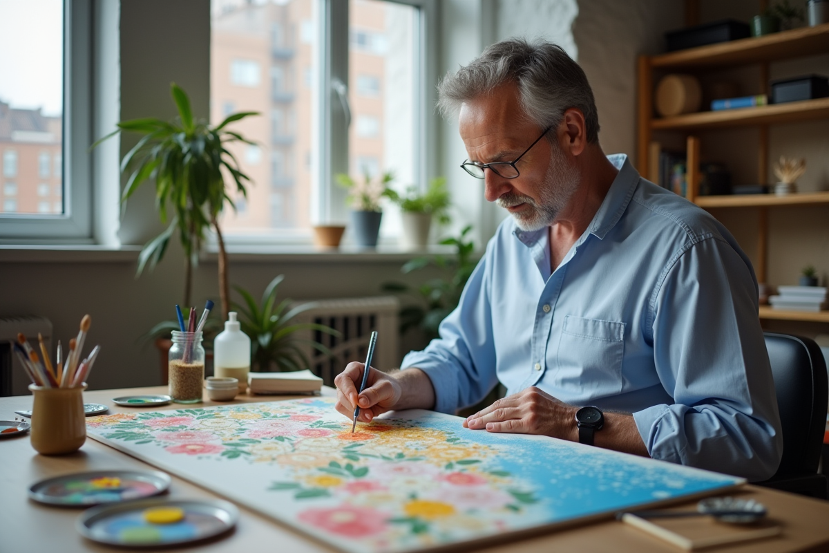 Homme en blouse travaillant sur un projet artistique dans un atelier moderne