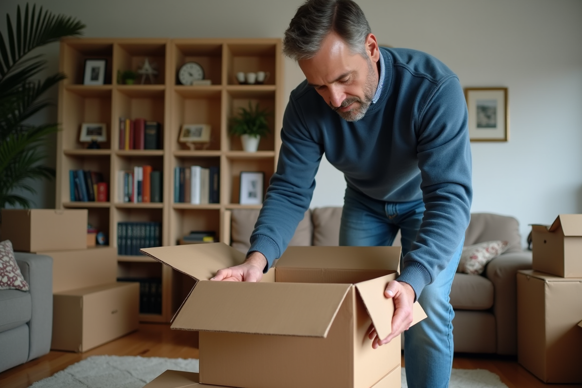 Homme d'âge moyen triant des dons dans un salon modeste