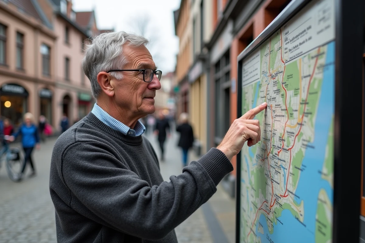 Homme âgé regardant une carte de Belgique en extérieur